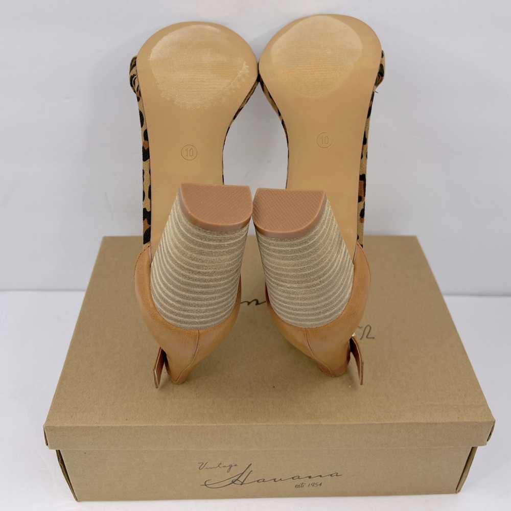 VINTAGE HAVANA,BEIGE & COFFEE LEOPARD PRINT OPEN TOE MIDTOP, ANKLE LOOP W/BUCKLE - Picture 9 of 14